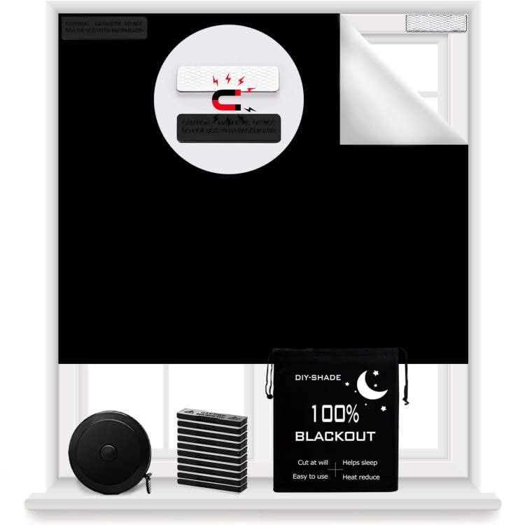 100% Blackout Blind Magnetic Window Cover 118 x 57Inch,No Drill,Cut Any Size/Shape,Portable Black Out Shades Curtains for Nurser