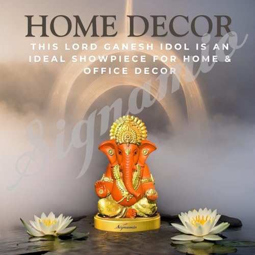 Signamio Handcrafted Orange Ganesha Idol For Car Dashboard Item: Ganesh Ji, Ganpati Bappa Murti For Home Decor - Exquisite Car G