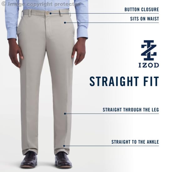Izod Mens American Chino Flat Front Straight Fit Pant, English Khaki, 34W X 32L