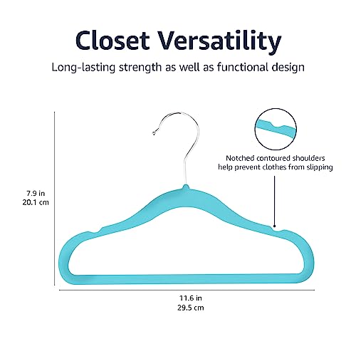 Amazon Basics Kids Velvet, Non-Slip Clothes Hangers For Infant And Toddler, 11.6 Inches (For Baby Clothes), Pack Of 50, Blue
