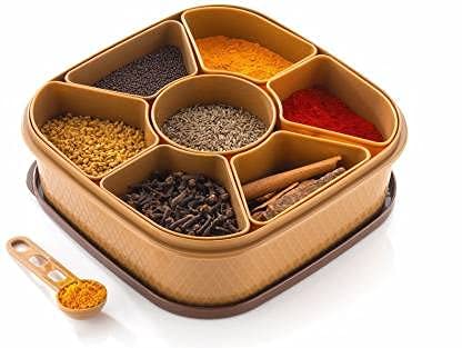 Nimd Beautic Masala Spices Box 7 Sections Multipurpose For Kitchen Masala Container Plastic Wooden Style Masala Box (1Piece Spic