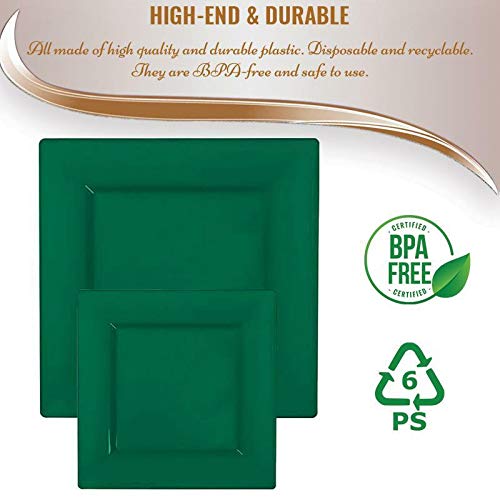 Kaya Hunter Green Plastic Square Dinner Plates (Pack Of 10) 9.5'' - Vibrant & Disposable Tableware, Perfect For Events, Holiday