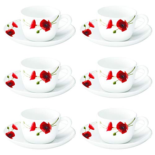 Larah By Borosil Red Carnatic Opalware Cup And Saucer Set Of 12 Pcs | Tea/Coffee Cups 140 Ml | Microwave & Dishwasher Safe | Bon