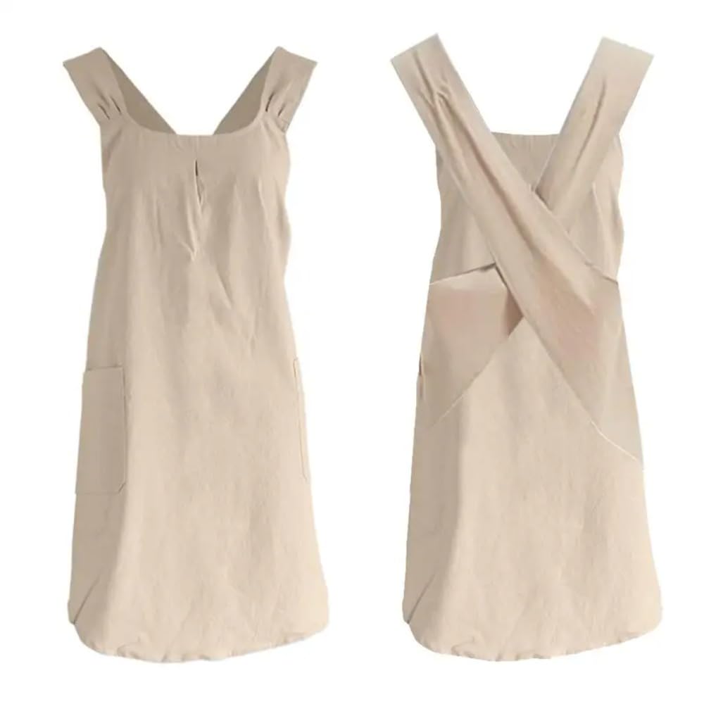 Leadigol Cotton Linen Cross Back Apron, H Shoulder Straps Apron, Crossshoulder Straps Apron, Japanese Style Aprons With 2 Pocke