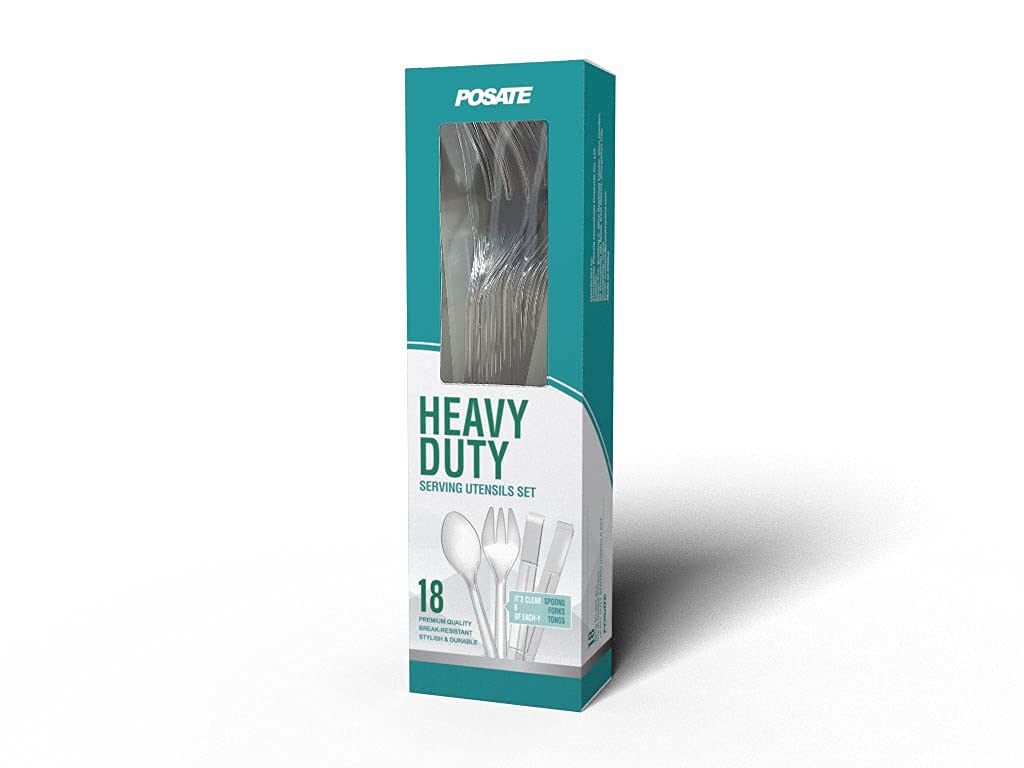 Plastic Serving Utensils, 9'' Clear Disposable Utensils 18 Pack, 6 Serving Tongs, Spoons, Forks