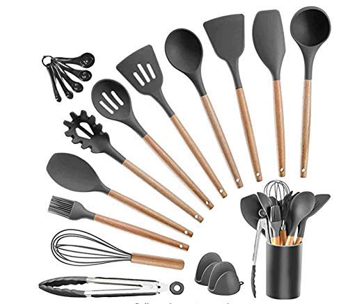 Cooking Utensils Silicone Kitchen Set - Heat Resistant Kitchen Tools Wooden Handle Spoons Kitchen Utensil Set With Holder Spatul