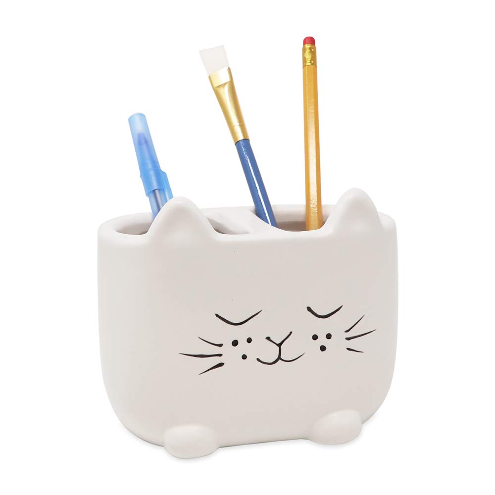 Isaac Jacobs White Ceramic Cat Makeup Brush Holder  Multi-Purpose 2-Section Organizer. Bathroom  Kitchen  Bedroom  Office D?or (2-Section Cup  Pastel White)