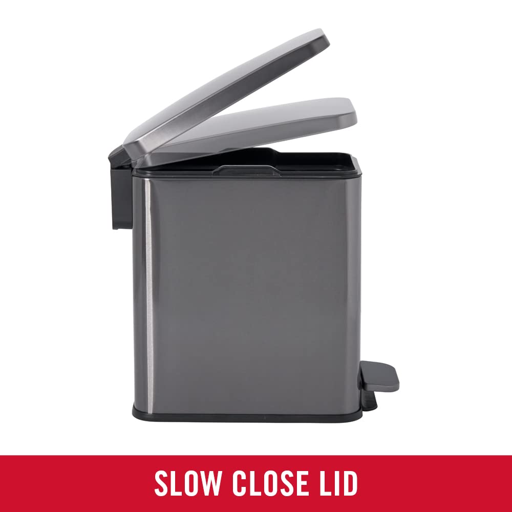 Rubbermaid Stainless Steel Slim Step-On Trash Can, 2.6-Gallon, Charcoal, Wastebasket With Lid For Home/Bathroom/Kitchen