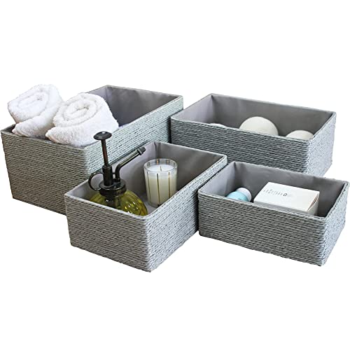La Jolie Muse Storage Baskets Set 4 - Stackable Woven Basket Paper Rope Bin, Storage Boxes For Makeup Closet Bathroom Bedroom (G