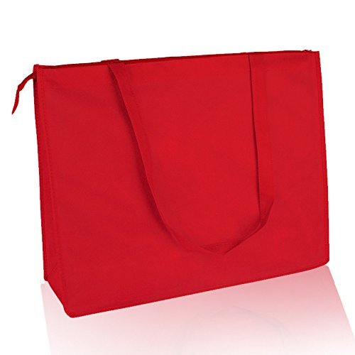 (12 Pack) Set Of 12- Reusable Non Woven Jumbo Zippered Tote Bag (Red)