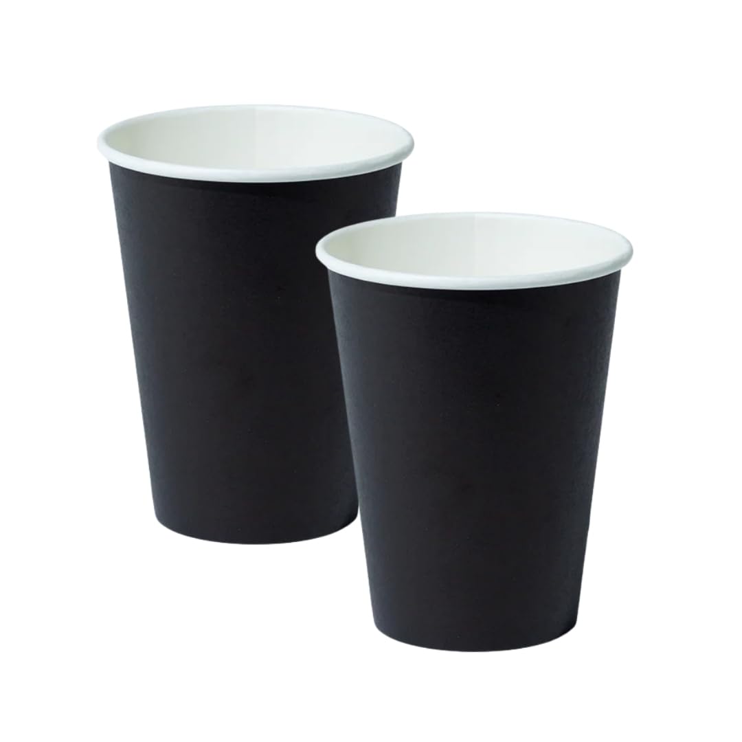 Wanna Party Pack of 10 Black Solid Paper Cups with White Rim  350ML Party Cups for Hot & Cold Beverages for Birthdays, Picnics 