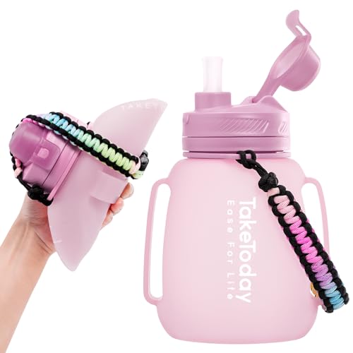 TakeToday 40 OZ Motivational Water Bottle with Straw and Paracord Handle 1.2L Silicone Sports Water Bottle with Time Marker(Purple)