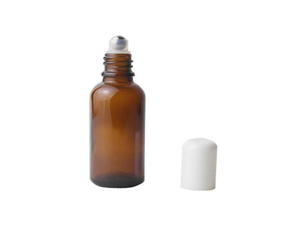 ASTRQLE 3PCS 30ml/ 1oz Empty Amber Glass Roll-on Bottles with Stainless Steel Roller Balls and White Cap for Essential Oil Lip B