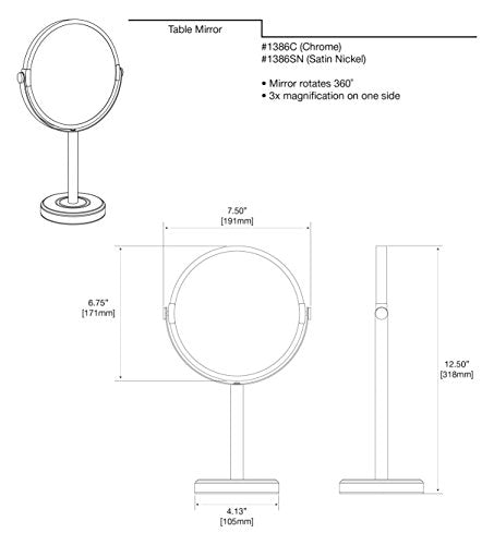 Gatco 1386Mx Latitude Ii Makeup Mirror, Matte Black | Counter Top Makeup Mirror, 3X Magnification, Rotates 360 Degrees