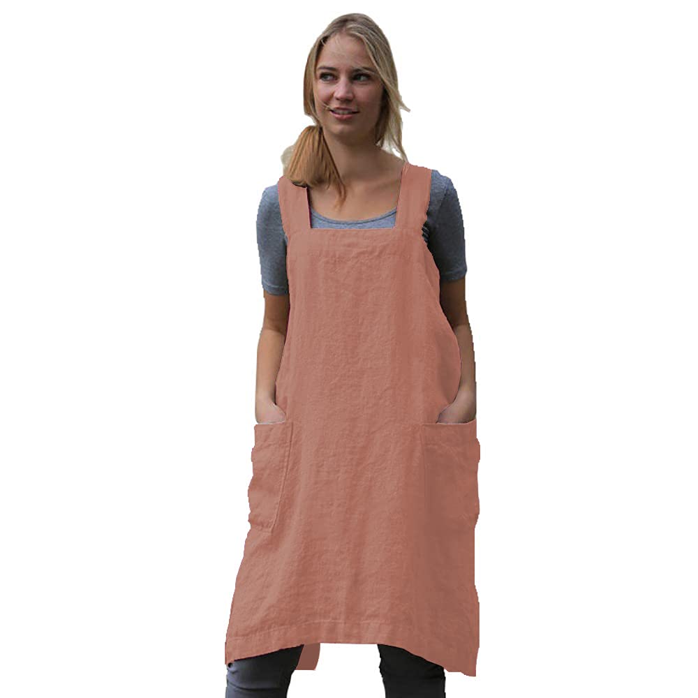Women 'S Pinafore Square Apron Baking Cooking Gardening Works Cross Back Cotton/Linen Blend Dress With 2 Pockets Salmon Pink-M