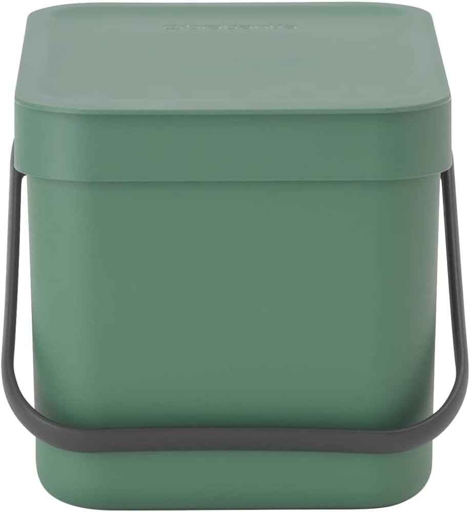 Brabantia Sort & Go Food Trash Can (16 Galfir Green) Small Countertop Kitchen Compost Caddy With Handle & Removable Lid, Easy Cl