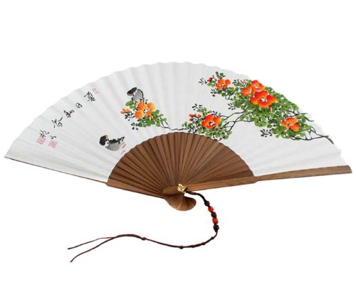 Hand Painted Folding Orange Flower and Bird Painting White Paper Bamboo Asian Oriental Wall Deco Korean Handheld Decorative Fan