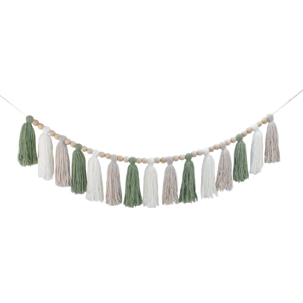 DrCor Sage Green & White Boho Tassel Garland - Handmade Yarn Banner for Nursery, Girls Bedroom, Baby Shower, Wedding Backdrop, C