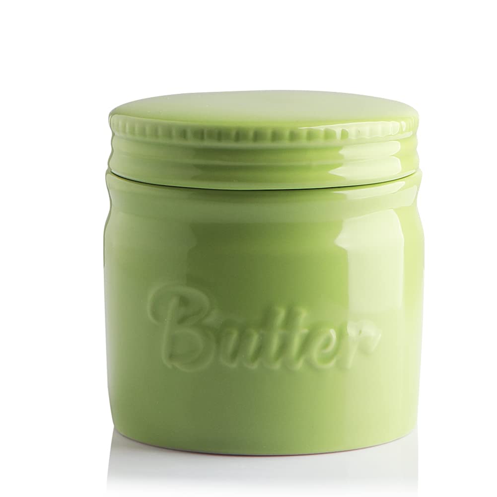 Sweejar Porcelain Butter Keeper Crock - Green Ceramic French Butter Dish with Water Line for Soft Butter