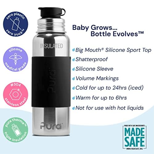 Pura Big Mouth Standard Stainless Steel - Sport Water Bottle W/Silicone Sleeve For Warm & Cold Drinks, Plastic-Free, Madesafe Ce
