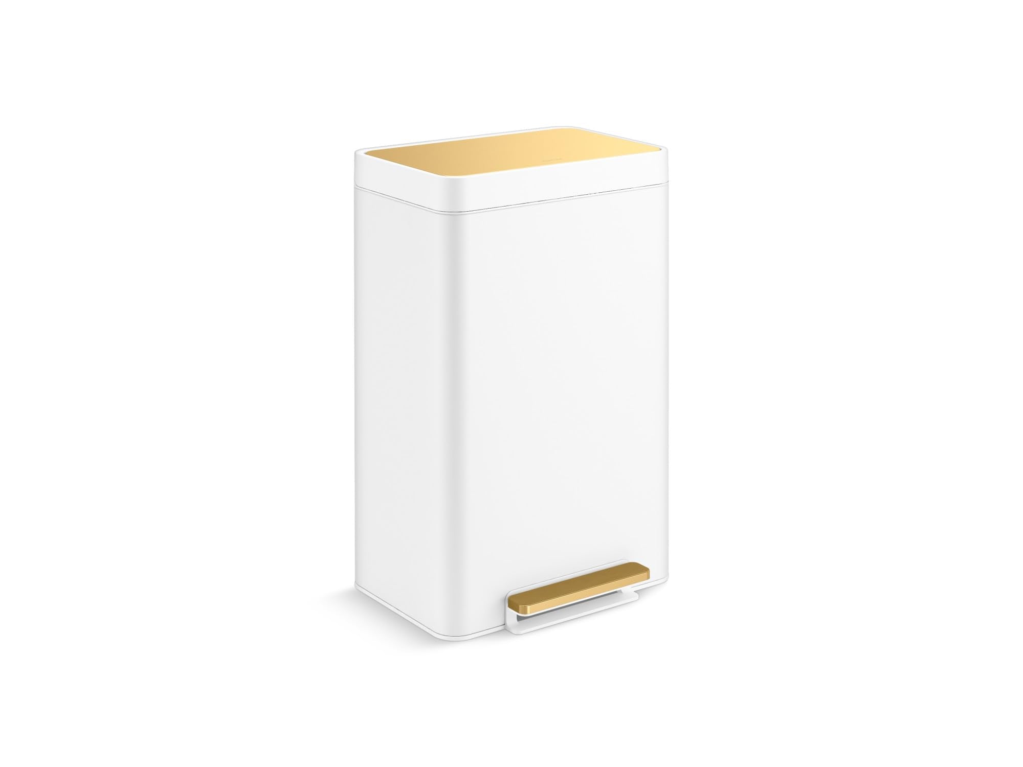 KOHLER 13-Gallon Stainless Steel Step Trash Can, White Stainless Steel & Moderne Brushed Brass, Hands-Free Pedal, Quiet-Close Li