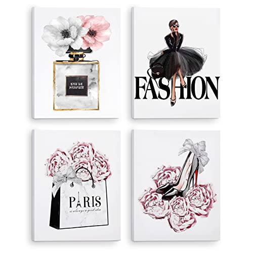CoziTech Fashion Women Canvas Wall Art Framed  Modern Artwork for Girls Bedroom Wall D?or Pink Flowers Perfume Art Print Handbag High Heel Wall Picture  Gift for woman  Gift for Girls. Set of 4. 8x10in - (Ready to Hang)