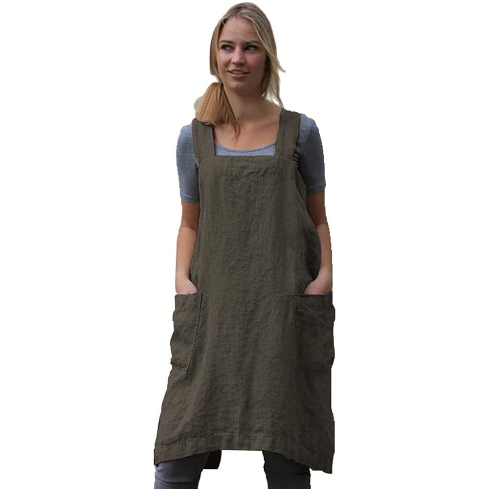 Women 'S Cross Back Pinafore Apron With Large Pockets Home Kitchen, Restaurant, Coffee House,Cooking Gardening Works Armygreen-S