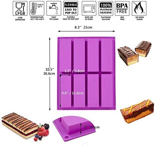 Bamutu Large Rectangle Granola Bar Silicone Mold 2Pcs 8 Cavity Nutrition Cereal Bar Moulds, Energy Bar Make For Muffin Brownie C