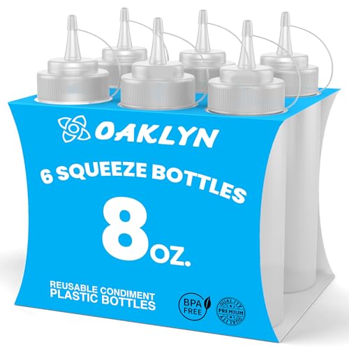 Oaklyn (6pk 8 oz Plastic Squirt condiment Squeeze Bottles with Twist On cap Lids - Top Mayo Hot Sauces Olive Oil Ketchup Mustard Dispensers - Bulk clear BPA Free BBQ condiment Set