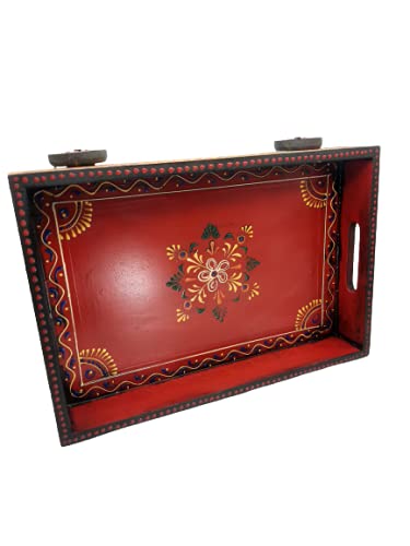 India Meets India Handmade Wooden Serving Tray W/Hand Painted (Embossed) [MultiColorMedium], Kitchen/Table & Home Decor/Dinnin