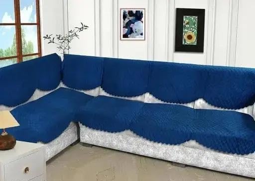 Blush And Bloom 7 Seater L Shape Self Design Velvet Quilted Sofa Cover And Chair Cover, Seat And Back Cover-Navy Blue