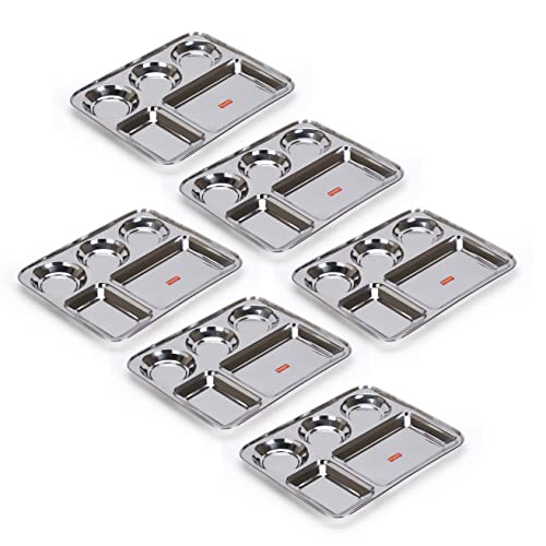 Sumeet Stainless Steel Rectangular 5 In 1 Compartment Lunch/Dinner Plate Set Of 6Pcs, 37.4Cm Dia, Silver