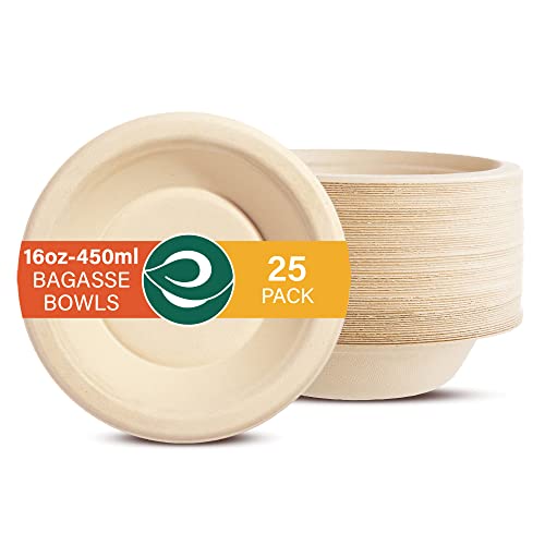 Eco Soul 475 Ml, 25Pack Compostable Bagasse Bowls  Disposable EcoFriendly Biodegradable For Party, Wedding, Event (Brown)
