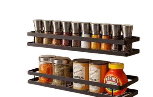 Wall Mounted Spice Rack Organizer for Kitchen, 2 Tier Metal Masala Rack with Guard Rail, Multipurpose Kitchen Storage Shelf for 