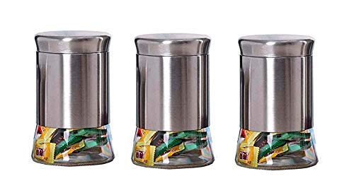 Homies International Set Of 3 Pieces, Stainless Steel Plated Glass Kitchen Airtight Food Storage Canisters, Visible Window Seaso
