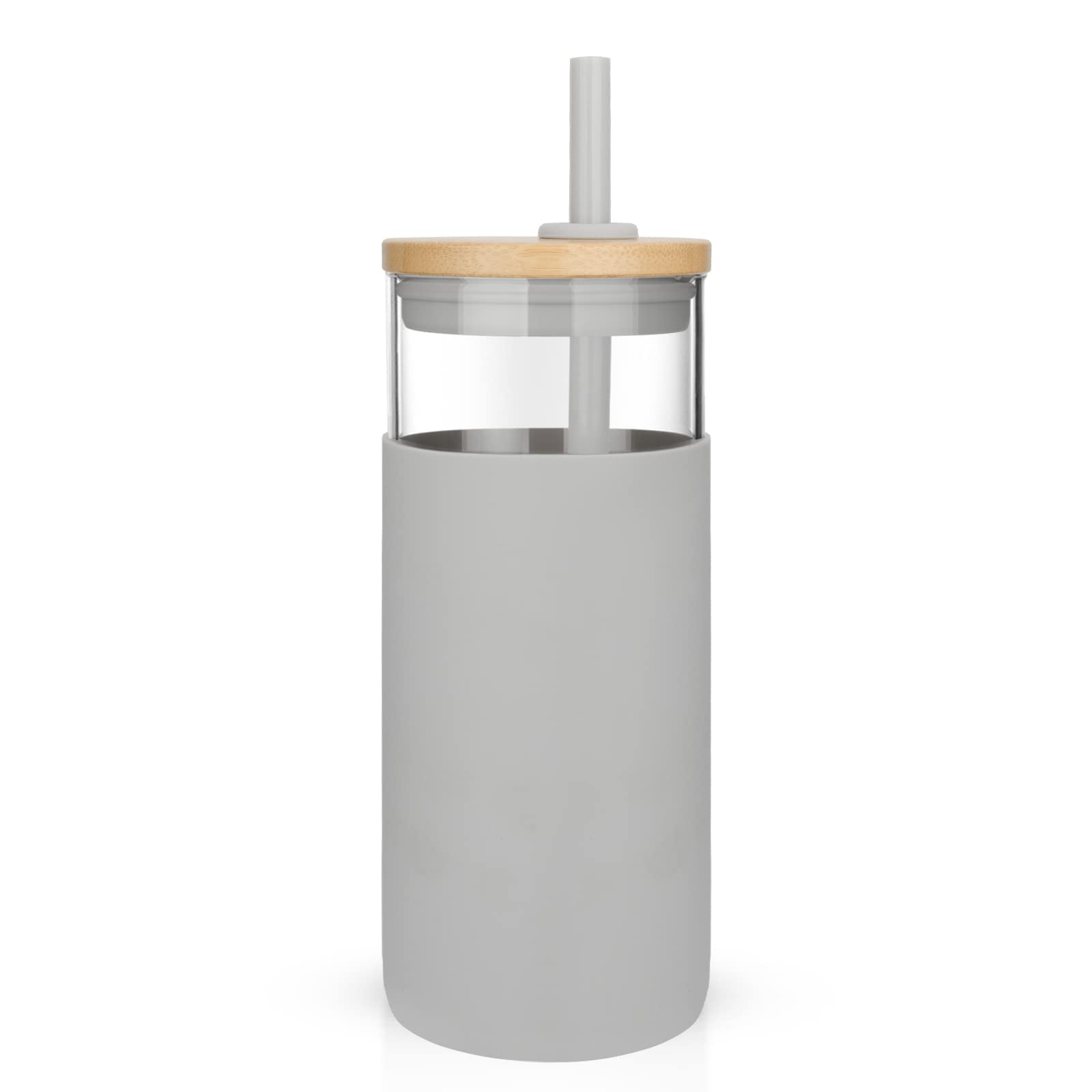 Tronco 20Oz Glass Tumbler Glass Water Bottle Straw Silicone Protective Sleeve Bamboo Lid - Bpa Free (French Grey/ 1 Pack)