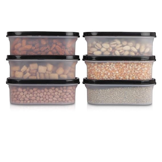 Simparte Anti-Bacterial Modular Plastic Storage Container Set Of 6 - 525Ml - Black - Bpa-Free, Airtight Lid, Leakproof, Stackabl