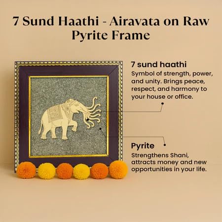 Astrotalk 7 Trunk Elephant on Raw Pyrite Frame | Vastu Item for Wealth & Success | Wall Decor Items Living Room | Raw Pyrite Frame for Wall | Gift for Man & Woman | 19x19x1 cm | 1 Piece