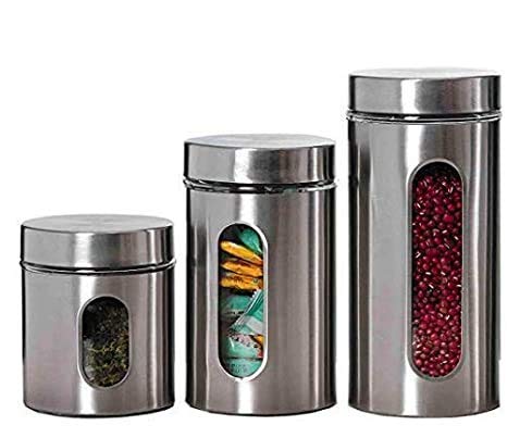 Charitra Enterprise Glass Steel Window Jars For Kitchen Storage 3 Piece Spice Set 1Pc 350 Ml 1Pc 550 Ml 1 Pc 850 Ml (Set Of 3 Pc