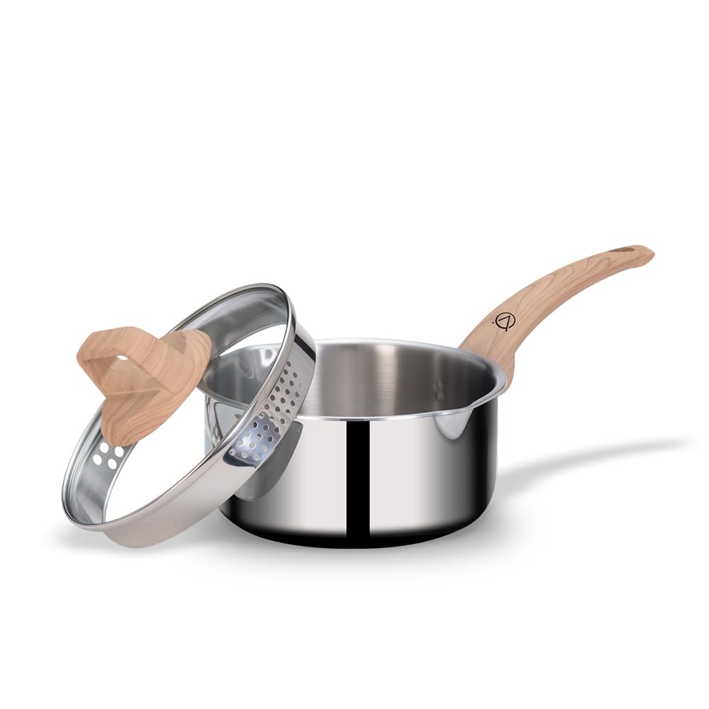 Arttdinox Timber Stainless Steel Triply Saucepan With Glass Lid | Sauce Pan | Milk Pot | Tea Pan | Gas And Induction Compatible,