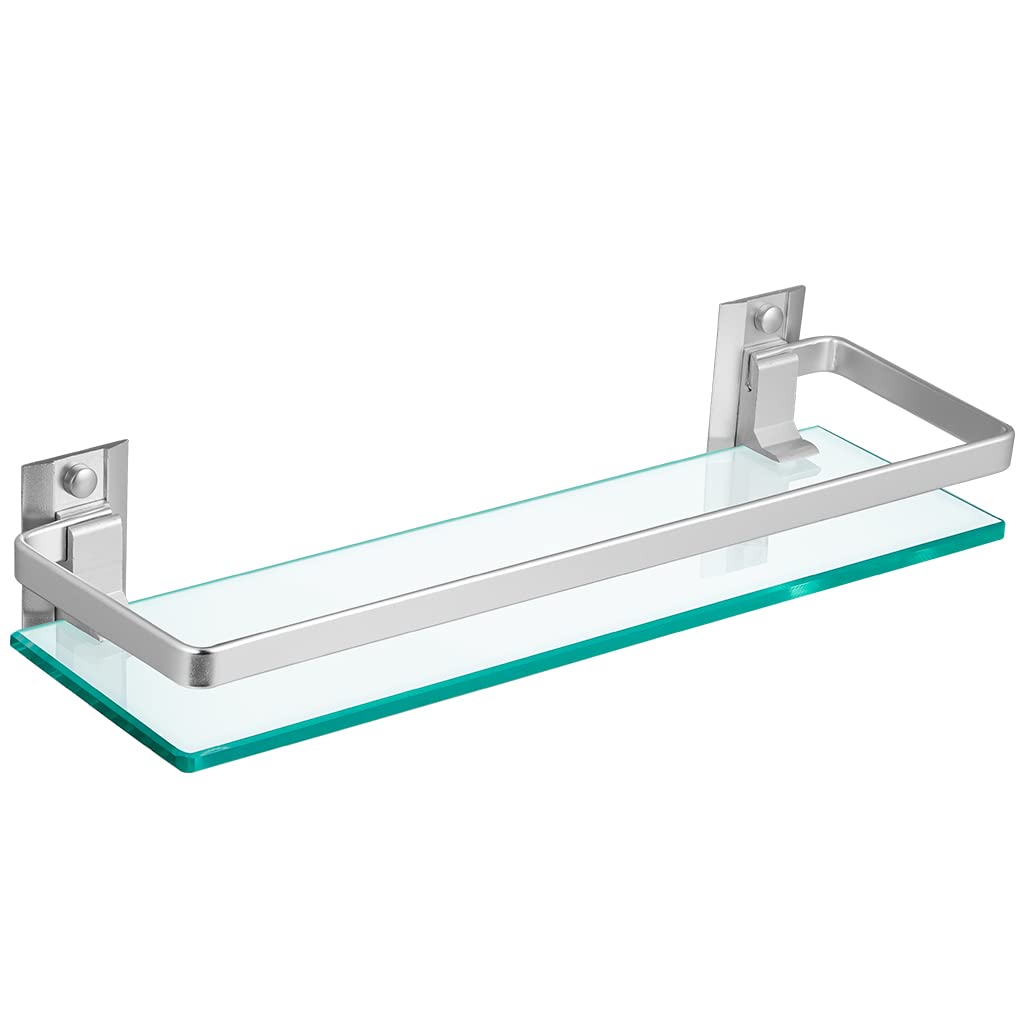 Sanbege Tempered Glass Bathroom Shelf with Rail, 15 x 4.5 Rectangular Shower Caddy, Wall Mount Floating Shampoo Holder for Lavat