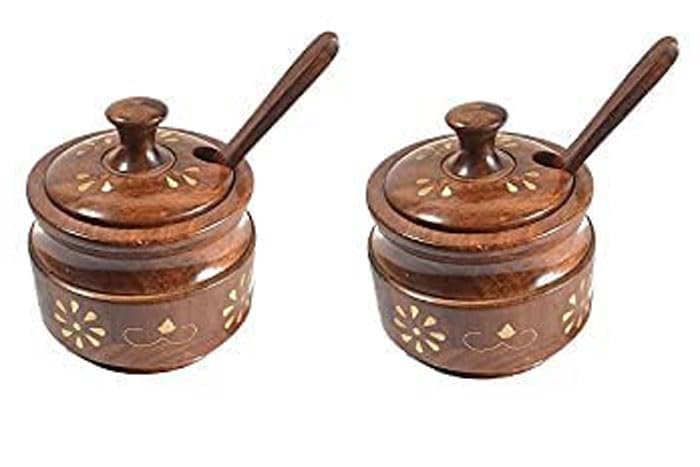 Craftscollectionstore Combo Pack Wooden Sugar Pot, Salt Pot/Spice/Pickle Jar,Jam & Multi Use Pot,Containers & Bowl With Spoon, U