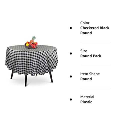 14 Pack Premium Round Checkered Black Plastic Tablecloth - 84 X 84 In. Disposable Round Plastic Table Cloth - Decorative Round T