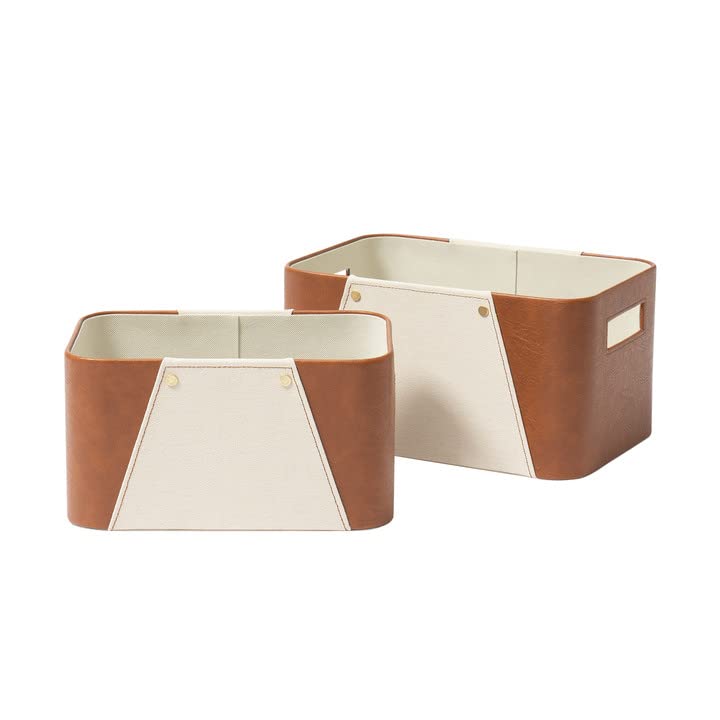 La Jolie Muse Storage Baskets For Organizing, 2 Pack, Storage Cube Boxes Luxury Brown Vegan Leather And Beige Greige Fabric For