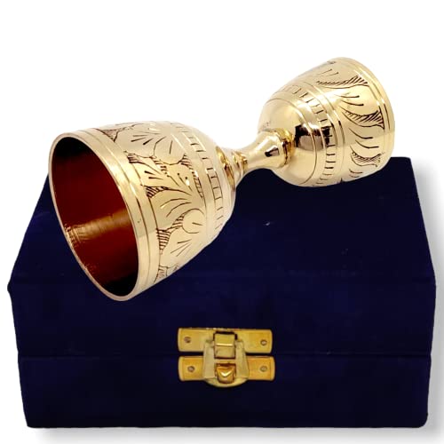 Akanksha Arts Epns, Brass Engraved Peg Measure Cup With Decorative Box, 30 Ml / 60 Ml, Golden