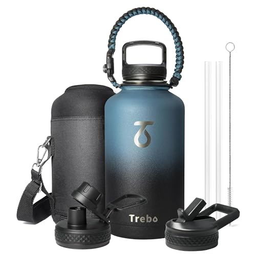 Trebo Water Bottle 64oz with Paracord Handle, Half Gallon Large Vacuum Double Wall Stainless Steel Insulated Water Jug with Hold
