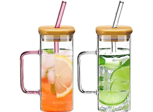 KiKiluxxa Random Clour Squre Glass Sipper Tumbler Tea Coffee Can with Acrylic/Wooden Lid and Straw  400ml  Pack of 2  Fruit M