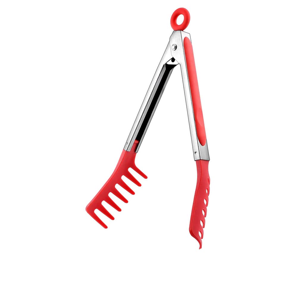 Red Stainless Steel Pasta Tong, Large 13'' Stainless Steel Spaghetti Tongs, Comfortable Grip Design Pasta Server Utensil For Noo