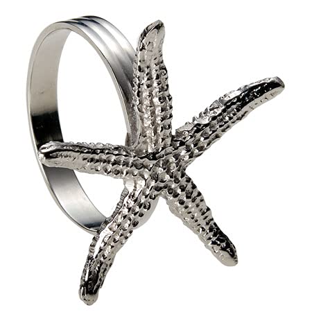 Nautical Napkin Rings, Set Of 4 Star Fish Shell Shaped Napkin Rings For Cloth Napkins In Elegant Silver Finish