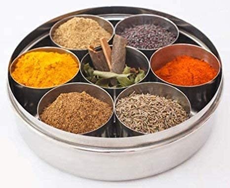 Stainless Steel Round Spices Box Kitchen Masala Dabba - Spice Container - Masala Dabba - 7 Compartments With Spoon (8 Inch)